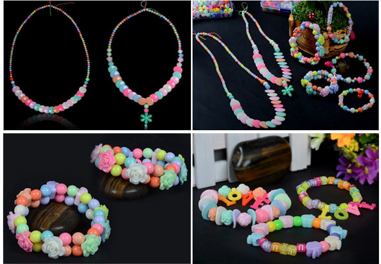 (300-tlg. Set) Kinder Perlen DIY Bastel Schmuck mit Nylon Faden für Armband / Kette - Blumen / Schleifen