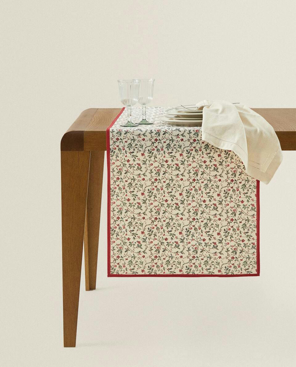 Caminho de mesa de algodão com estampa de videira natalina