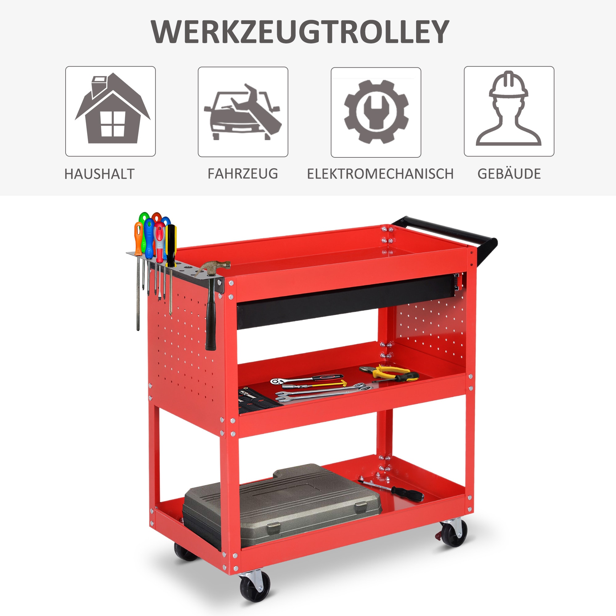 HOMCOM Werkstatt-Rollwagen mit Schublade und 3 Ebenen schwarz, rot 82L x 35B x 76H cm