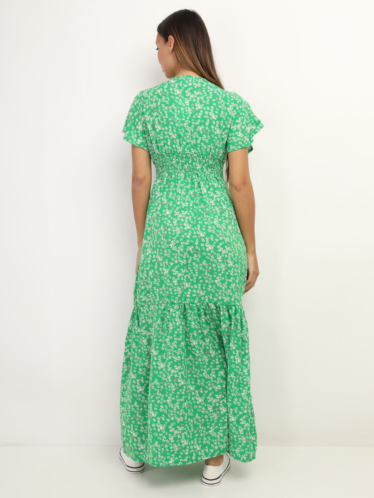 Robe fluide à fleurs fendue- Vert