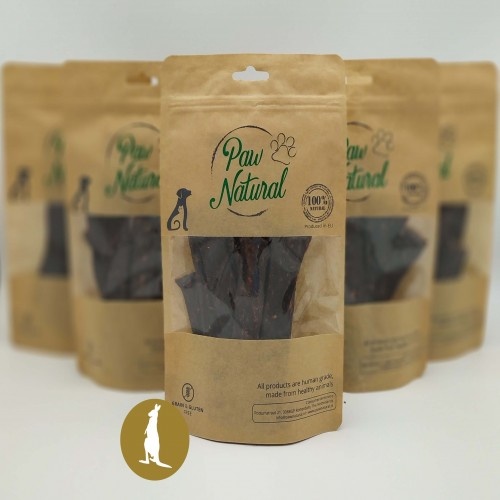 Tiras de petiscos com sabor natural de canguru Paw para cães.