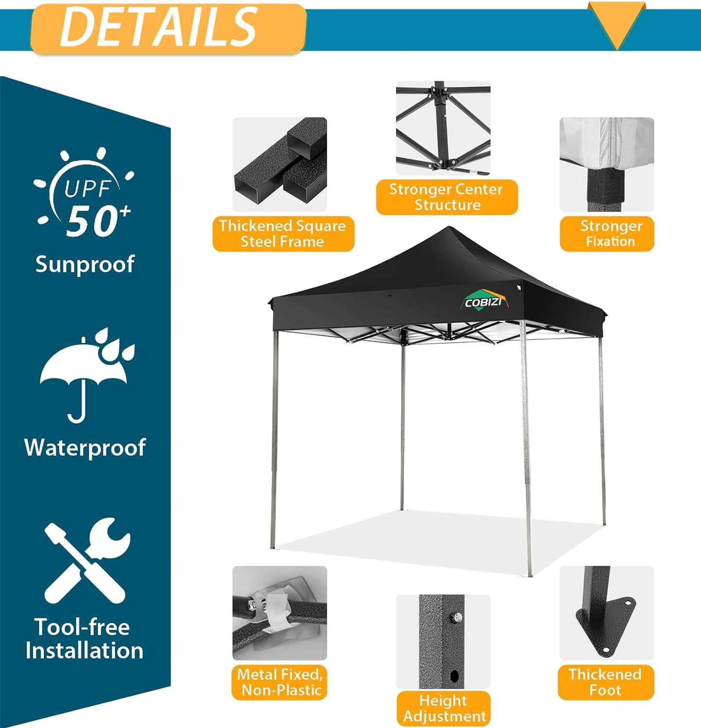 COBIZI Faltpavillon 2x2 Wasserdicht Stabil Winterfest ohne Seitenwand,Pop Up Pavillon Partyzelt,Sonnenschutz Gartenpavillon,Pavillon Faltbar mit Handtasche(2 mal 2m Schwarz)