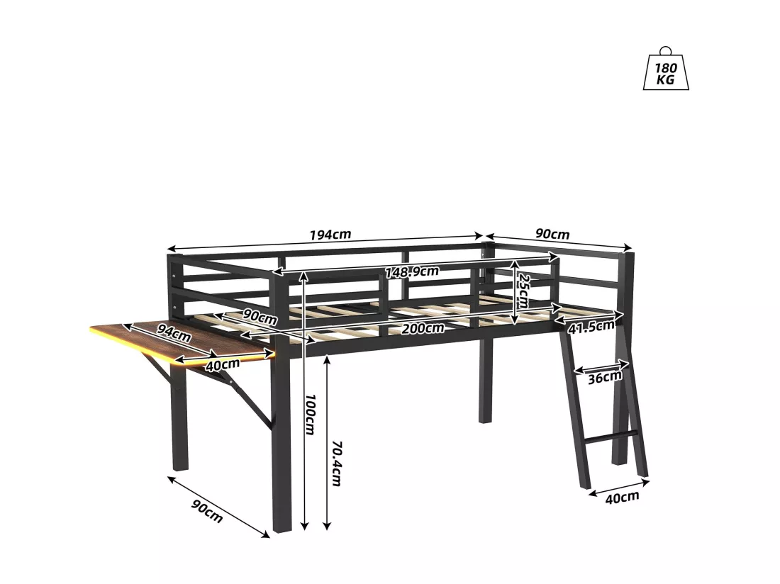 Lit mezzanine 90x200cm en métal avec LED - avec bureau abattant et sommier à lattes - Noir