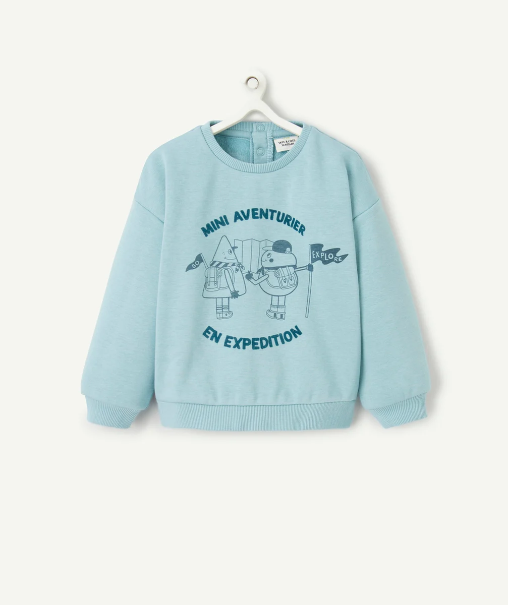 SWEAT BÉBÉ GARÇON BLEU EN FIBRES RECYCLÉES AVEC MESSAGE ET AVENTURIERS