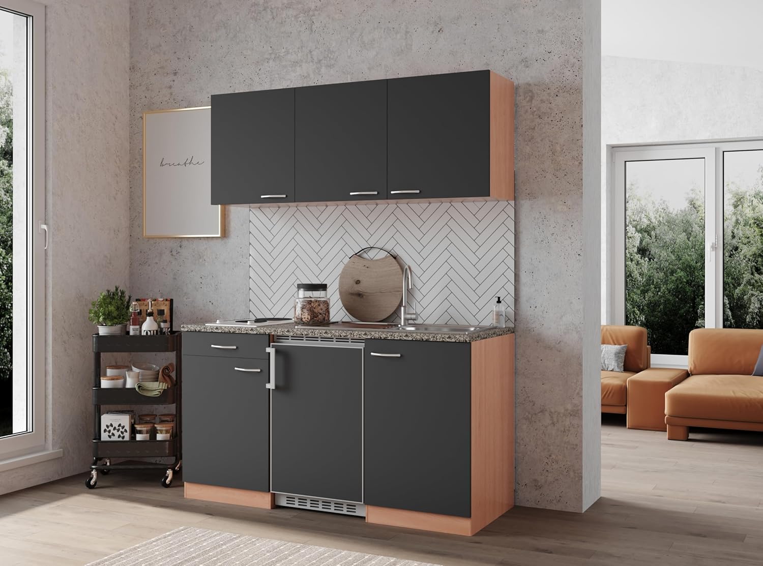 Respekta Küchenzeile Gerda KB150BG Grau 150 cm Breite mit Elektrogeräten