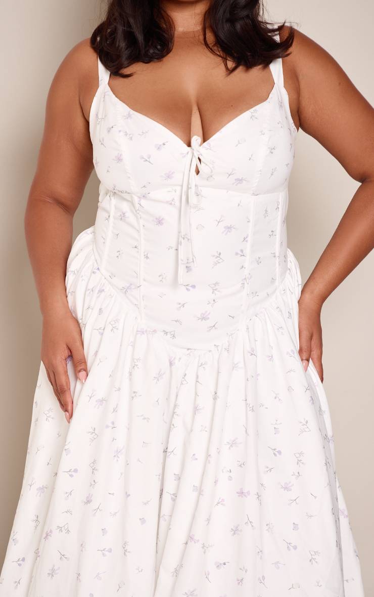 Blanc Robe Longue Droite Grande Taille À Imprimé Fleuri Avec Détail Corset
