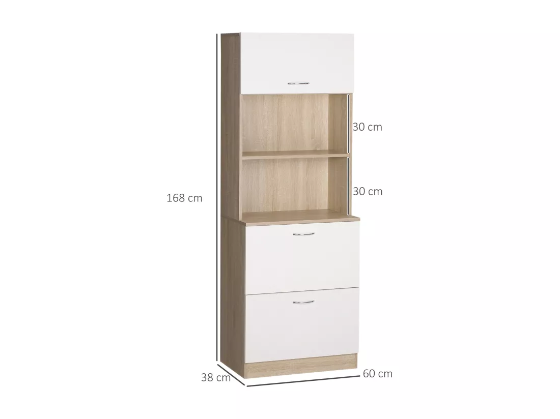 Buffet haut - armoire de cuisine - 2 tiroirs coulissants, placard haut porte relevable, niche, plateau - aspect bois clair blanc