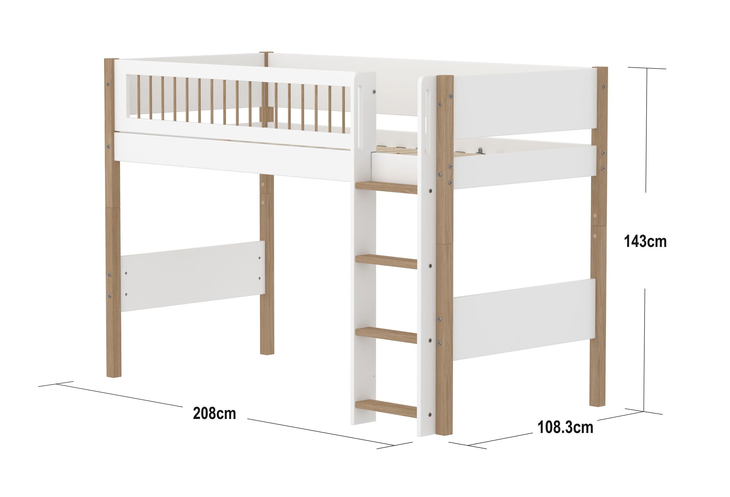 Flexa NOR Leiter gerade Mittelhochbett - Weiss / Eiche / B: 109.0 cm x T: 208.0 cm x H: 143.0 cm