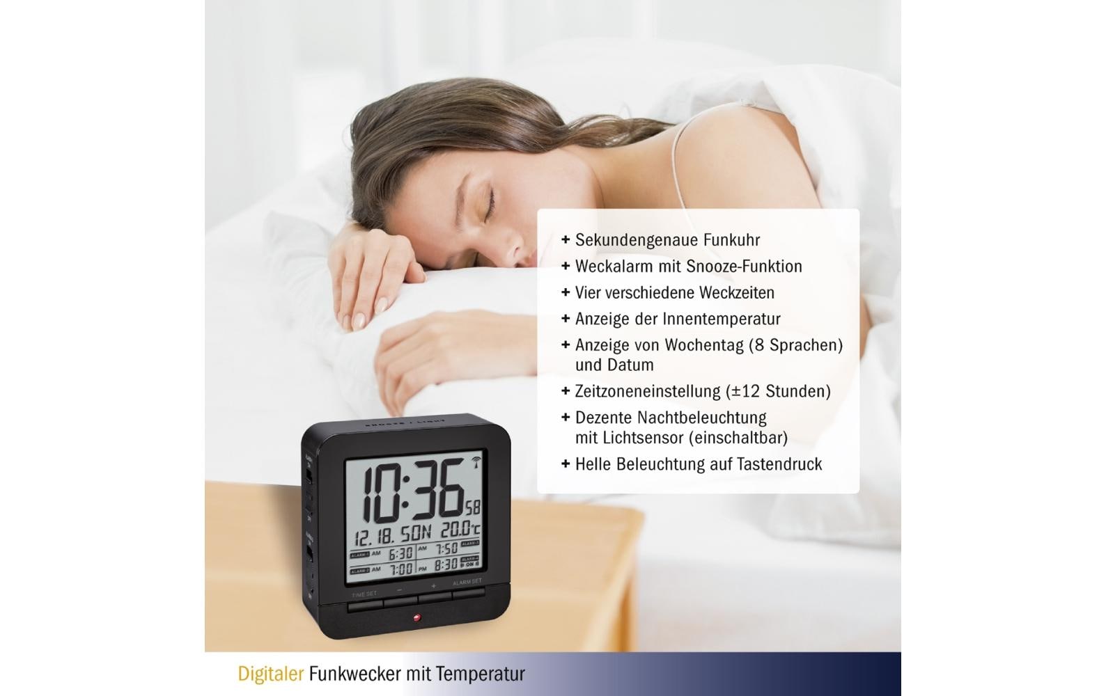 Digitalwecker mit Temperaturanzeige SchwarzFunktwecker mit Snooze-Funktion