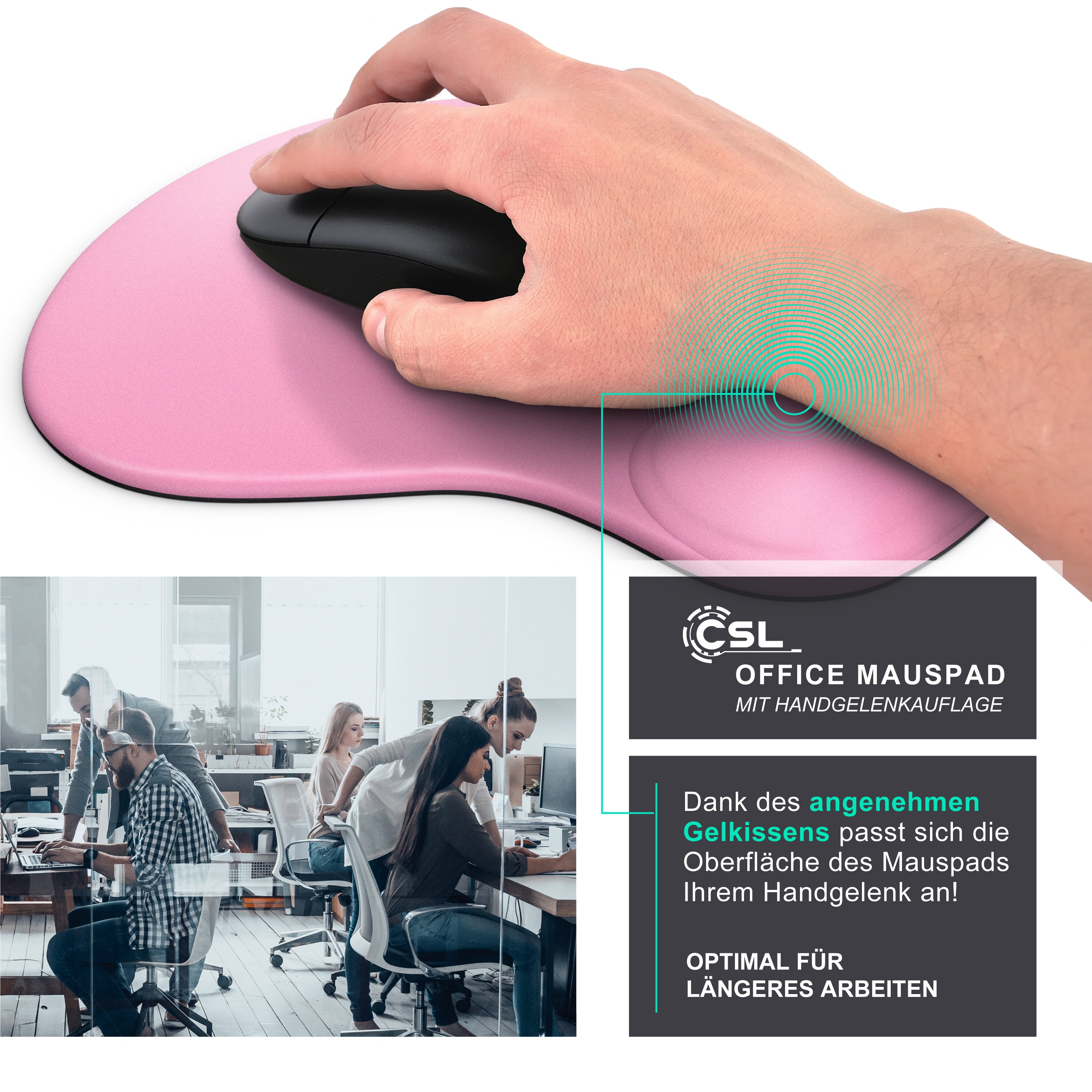 CSL Mauspad mit Gelkissen & Handgelenkauflage, Komfort Office Mousepad, dunkelrosa