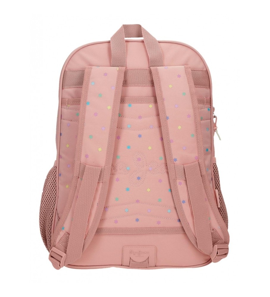 Mochila escolar Pepe Jeans Carina com dois compartimentos, adaptável a um carro rosa.