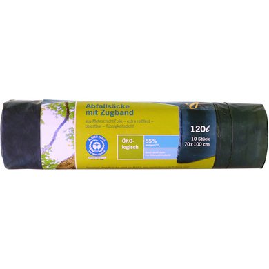 Sac poubelle à liens coulissants, bleu/noir, 120 l