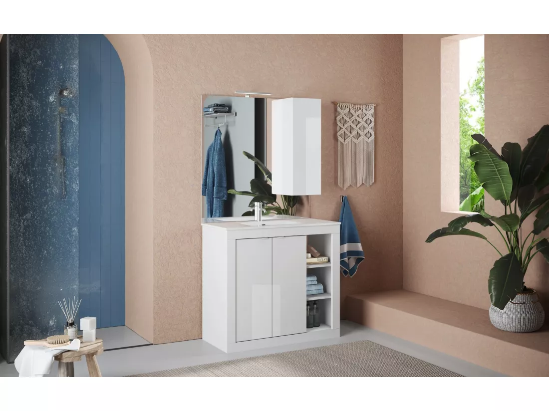 Meuble salle de bain + vasque Pratiko - BASIC 2.0 blanc laqué brillant 101x86x47 cm