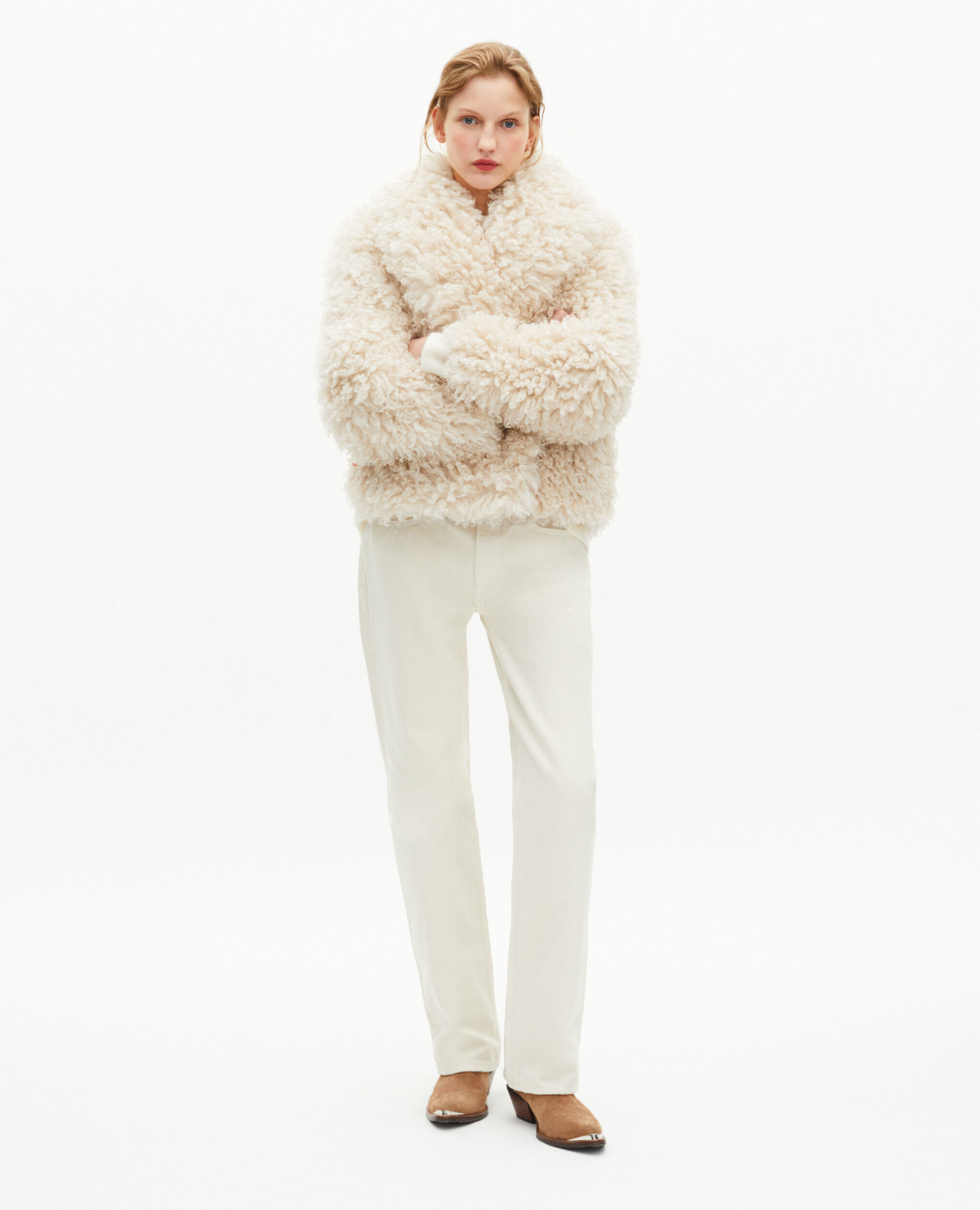 Manteau court effet fourrure écru
