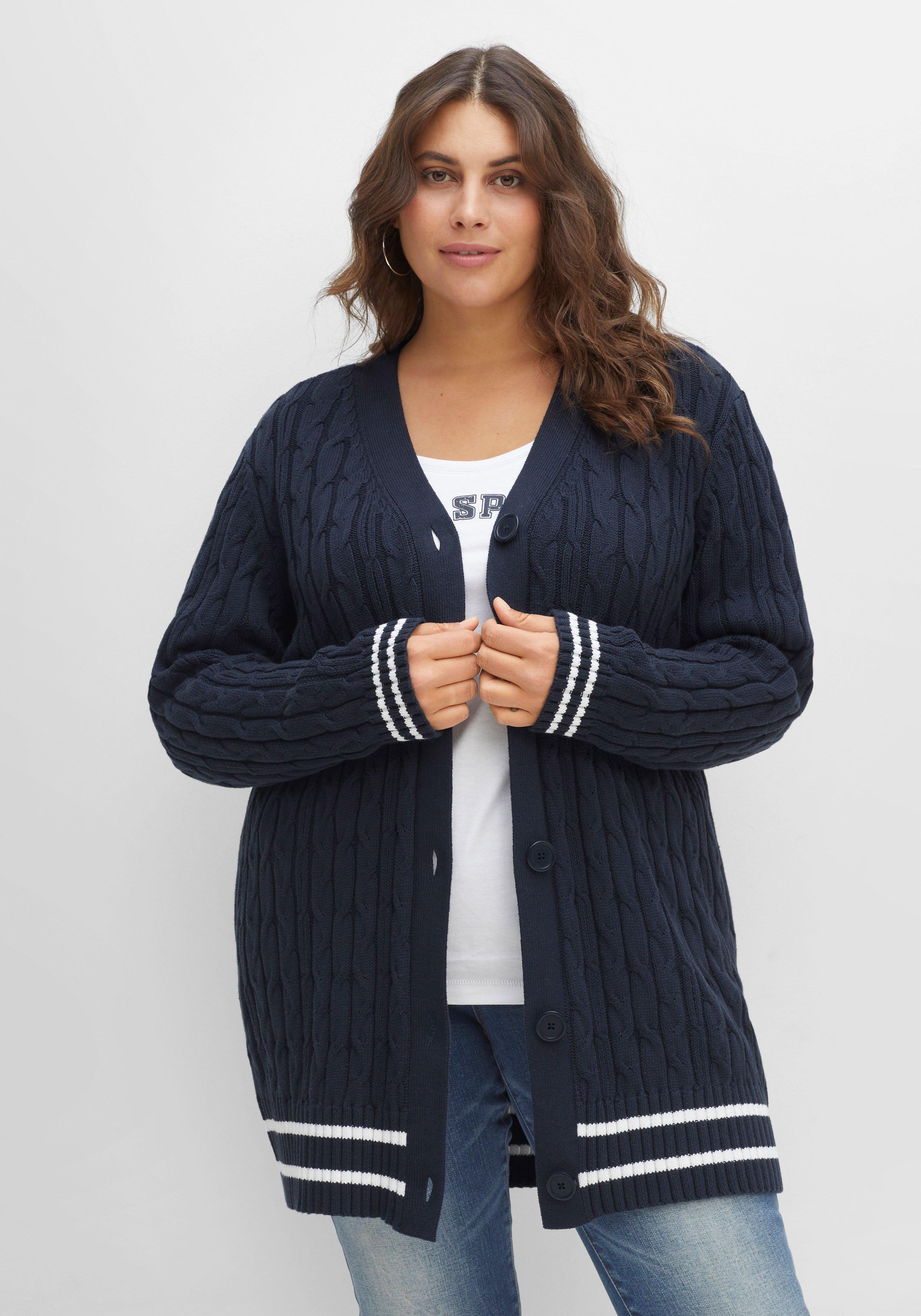 Longstrickjacke im Zopfmuster, mit Streifen-Bündchen