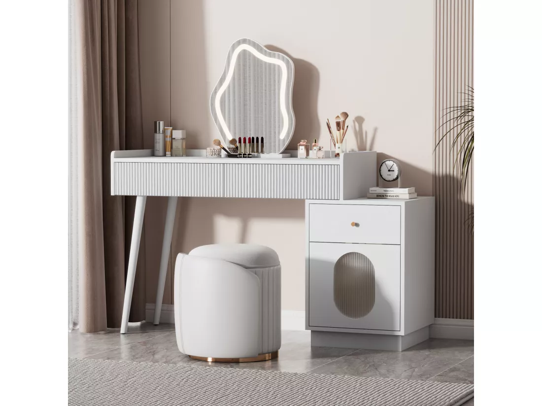 Coiffeuse avec miroir à LEDs - 3 tiroirs spacieux et une porte - Panneaux de particules - Blanc