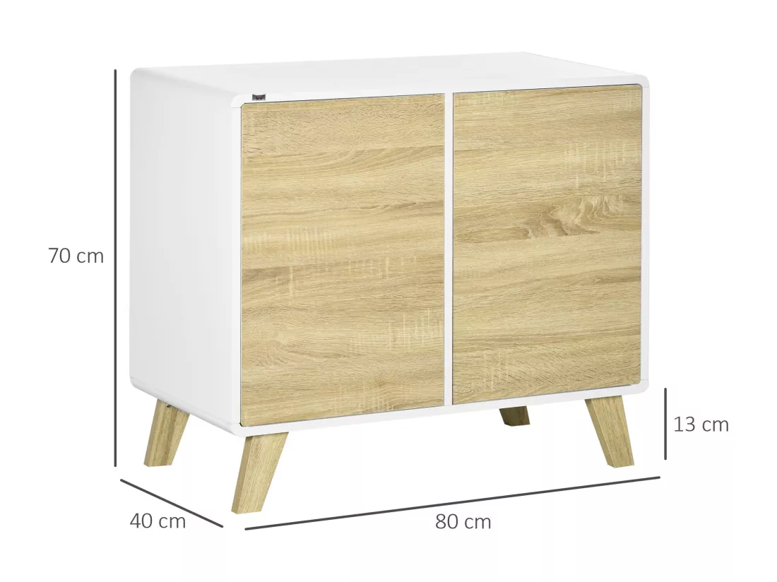 Buffet rangement design scandinave 2 portes avec étagère MDF panneaux blanc aspect chêne clair