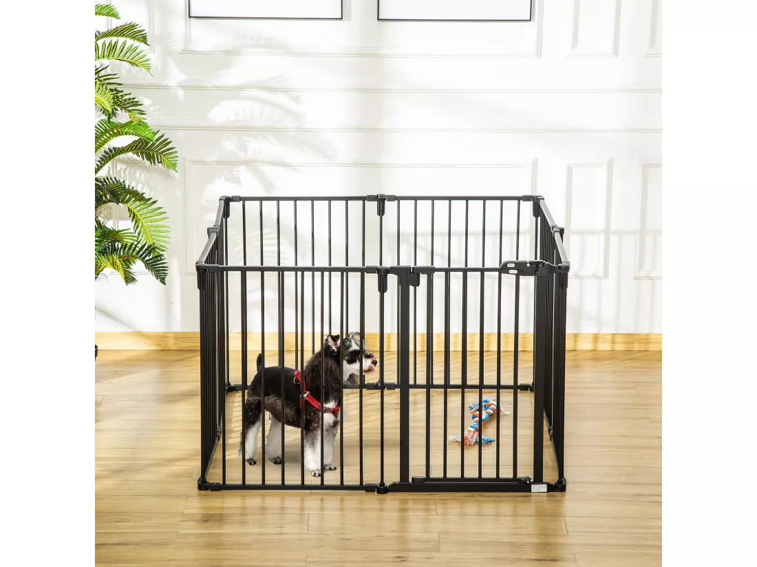 Barrière de sécurité - parc enclos chien modulable pliable - porte verrouillable - 8 panneaux acier et PP - dim. 482,5L max. x 76H cm noir