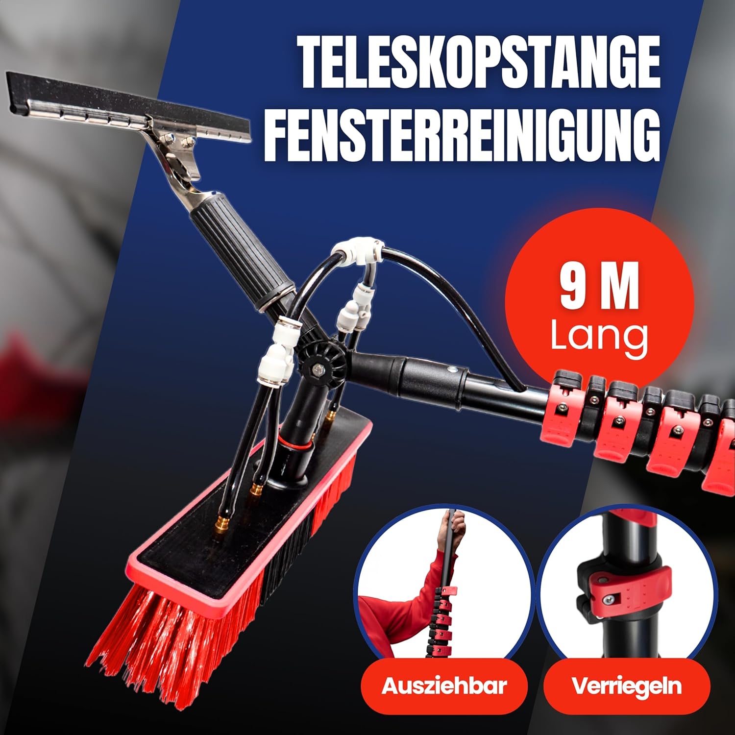 Teleskop Waschbürste 9 Meter mit Wasseranschluss – Teleskopstange mit Bürste für Fenster, Terrassendach, Glasdach & Wintergarten – Photovoltaik & Solarreinigung Kompatibel