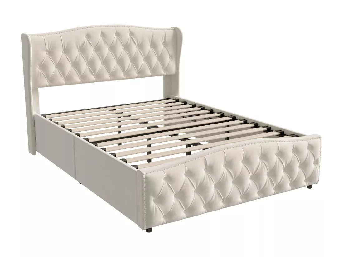 lit coffre 160x200,lit capitonné avec sommier à lattes，velours,beige