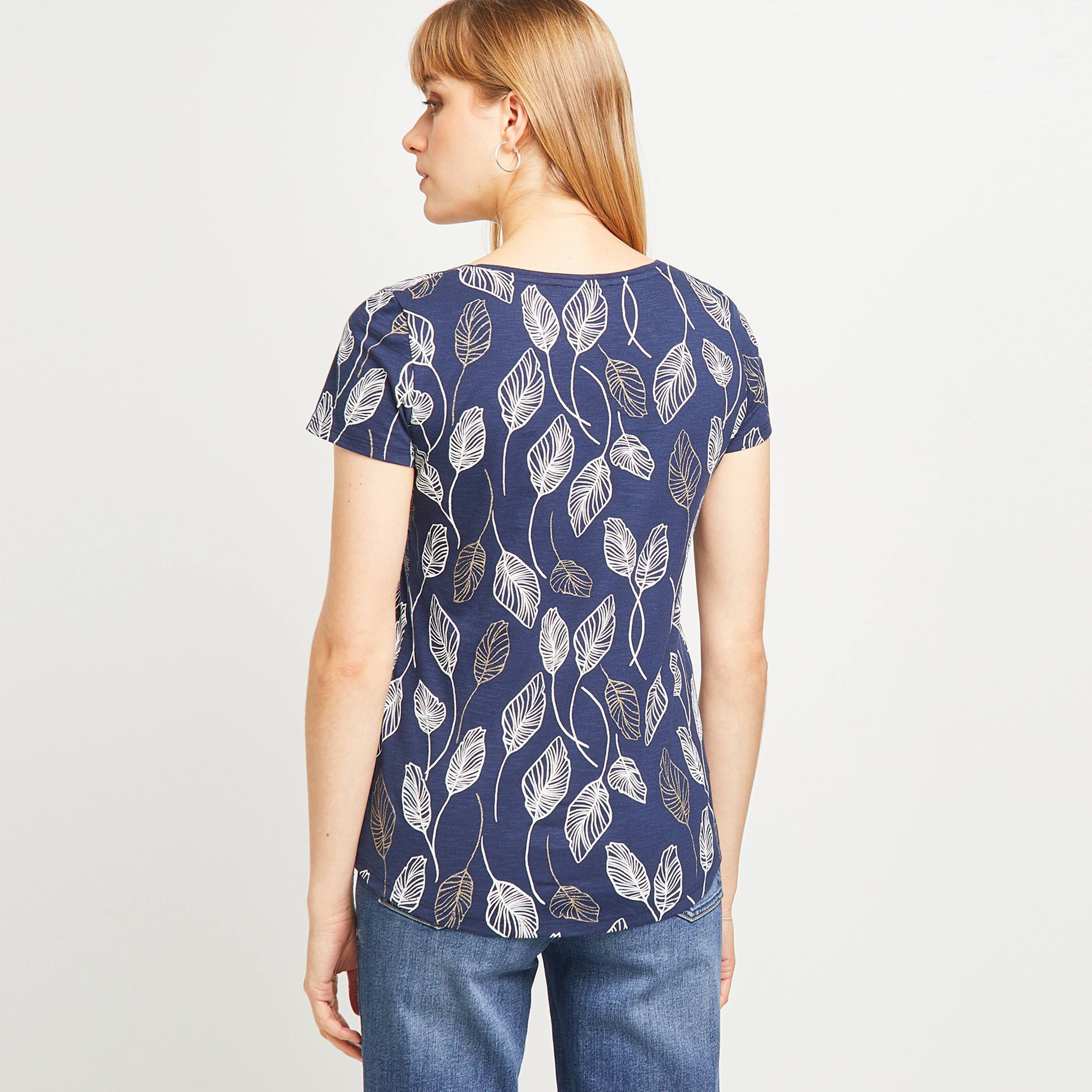 T-shirt imprimé col V femme - MARINE