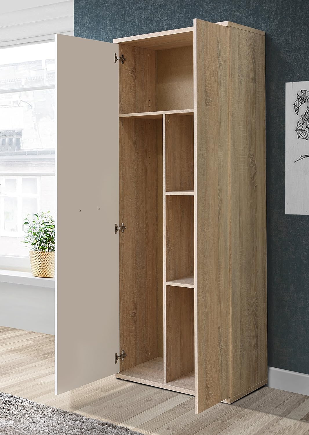 FORTE NET106 Schrank 70 180, Mehrzweckschrank klein, Staubsaugerschrank, Abstellraum, 2-türig mit Einlegeböden, Weiß mit Holzdekor: Sonoma Eiche, 69 cm breit x 179 cm hoch x 35 cm tief