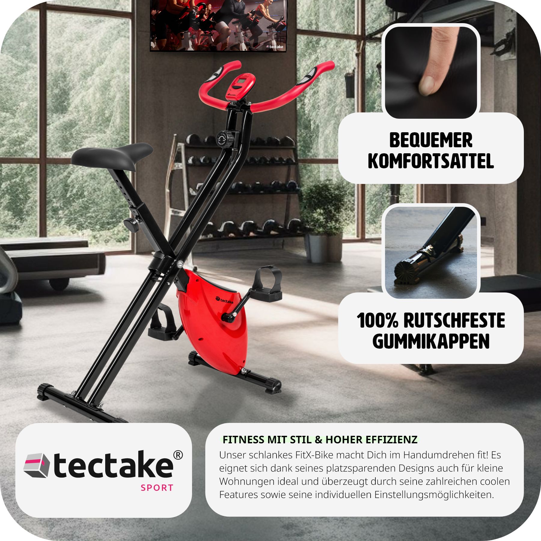 tectake® Heimtrainer, klappbar, 8 Schwierigkeitsstufen, mit Pedalriemen, inklusive Trainingscomputer und Pulsmesser