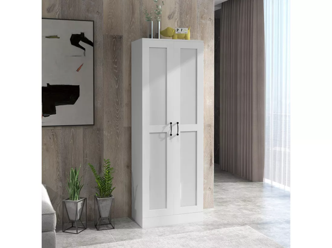 Armoire 2 portes 4 étagères dim. 60L x 36,5l x 175H cm poignées métal noir panneaux blanc