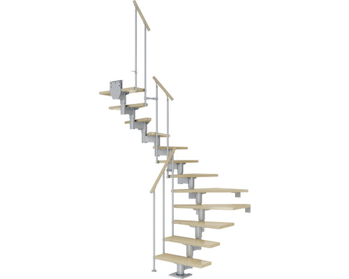 Pertura Chiron middentrap, parelgrijs, halve draai, 75 cm, balustrade, esdoorn gelamineerd hout, gelakt, 11 treden / 12 stootborden
