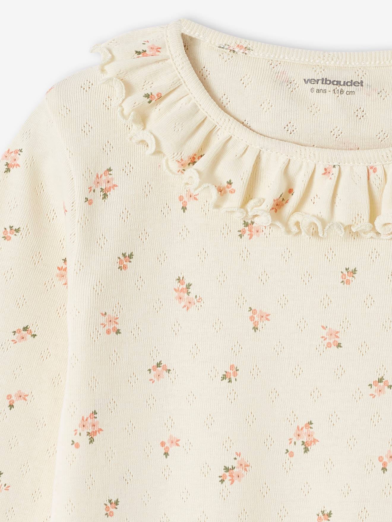 Pijama de malha vazada com estampa floral para meninas, cor cru