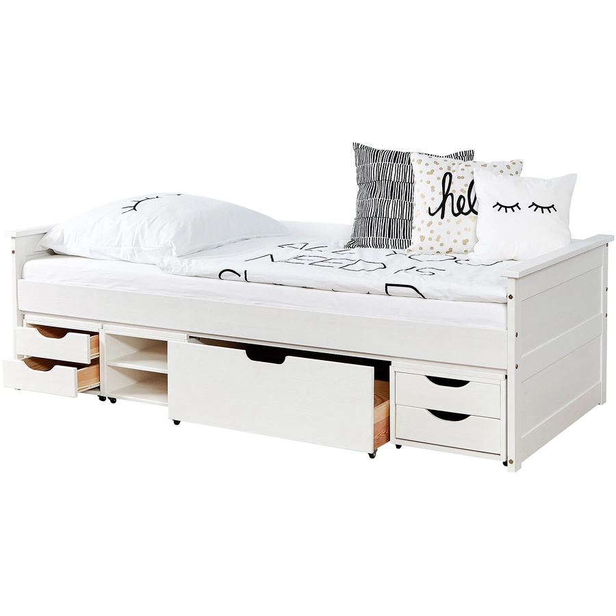 TiCAA Sofabett Theodor 90 x 200 cm Kiefer weiß mit 4 Funktionsschubladen