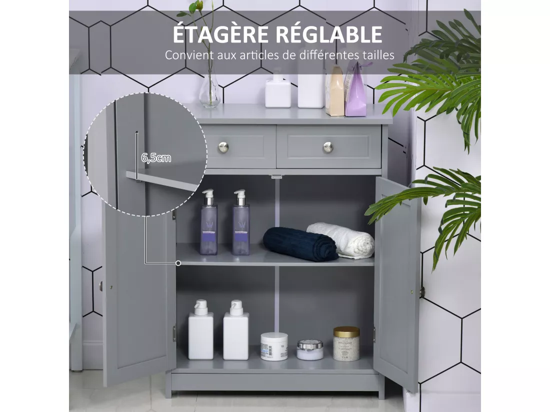 Meuble bas de salle de bain sur pied 2 portes avec étagère réglable 2 tiroirs poignées boutons métal MDF gris