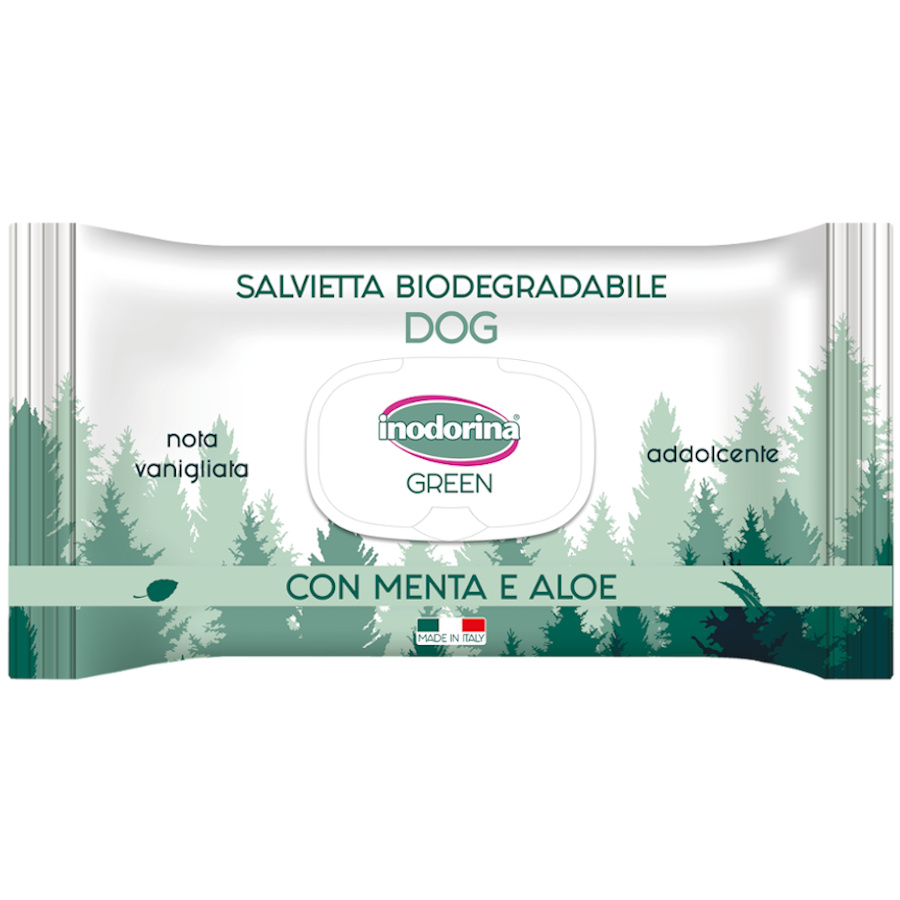 Lenços umedecidos Inodorina com hortelã verde e aloe vera para cães.