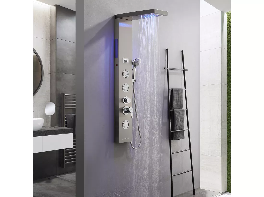 Auralum MAX Panneau Douche LED LCD Indicateur de Température,en Inox Brossé avec 3 Jets Massage+60cm Porte-Serviettes Salle BainAuto-adhésif/Perçage
