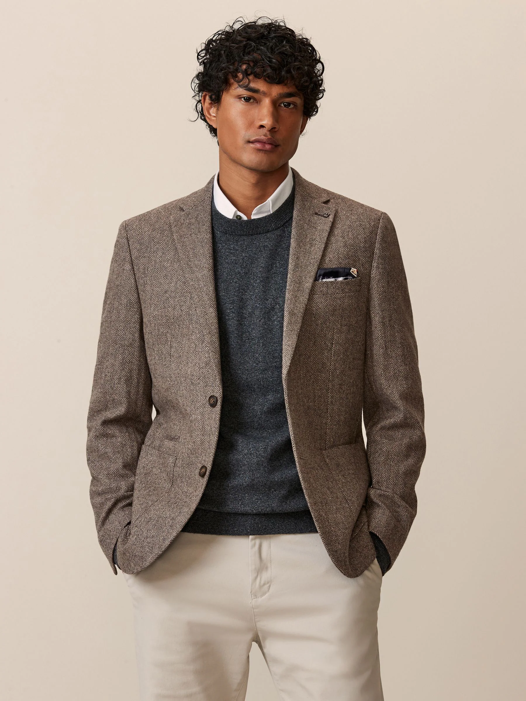 Taupe - Normale Pasvorm - Blazer met visgraatmotief en hoog wolgehalte