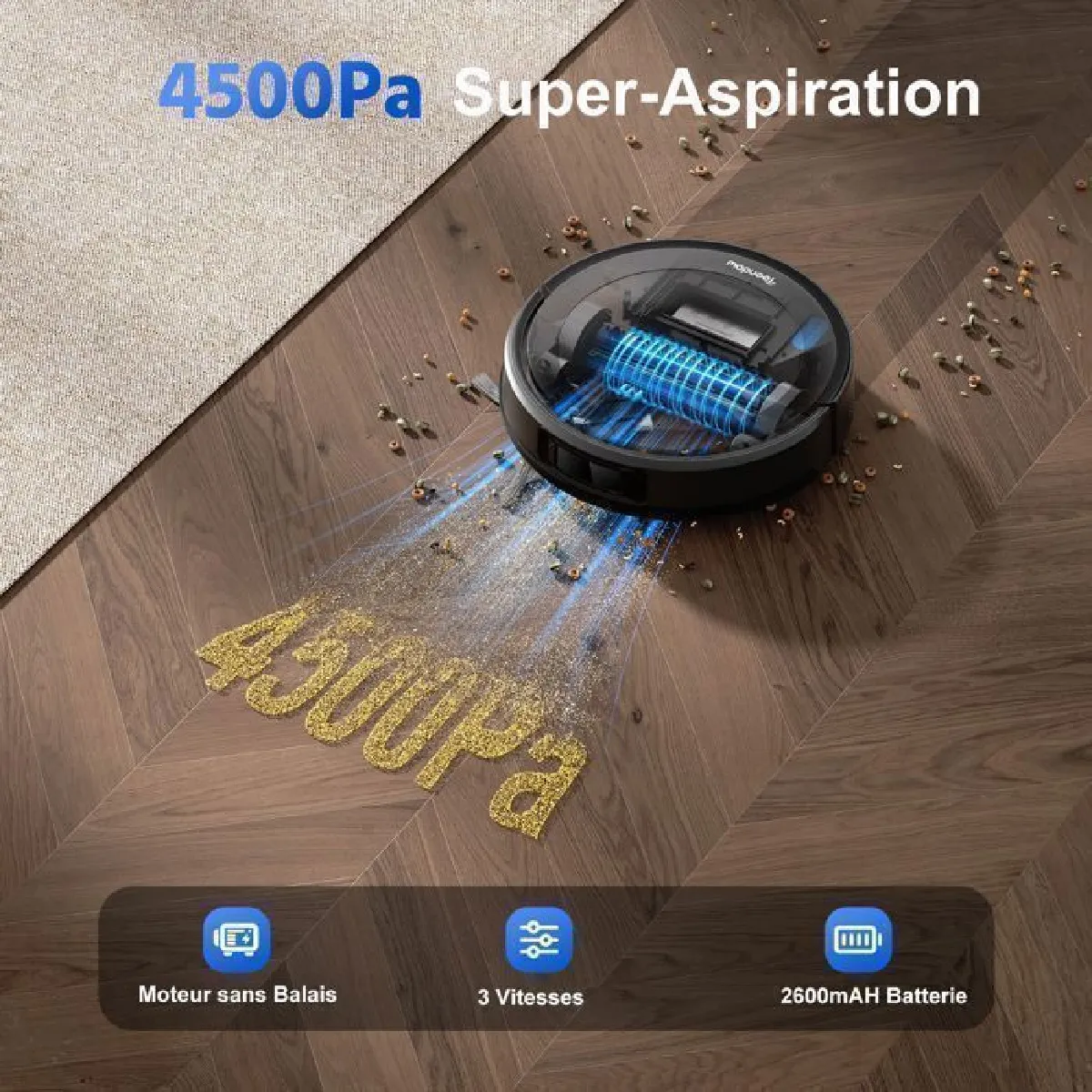 Teendow Robot Aspirateur Laveur, 3000Pa Robot Aspirateur sans Fil, 2600mAH/120Min, Wi-Fi/Application/Télécommande