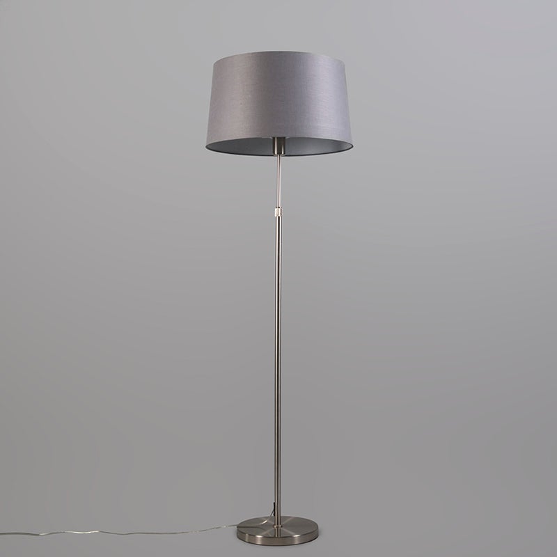 QAZQA - Moderne vloerlamp | Staande lamp | Vloerlamp | Lamp | Licht staal | Zilver | Mat nikkel met grijze lampenkap 45 cm verstelbaar - Parte | Woonkamer | Slaapkamer - Rond staal | Langwerpig