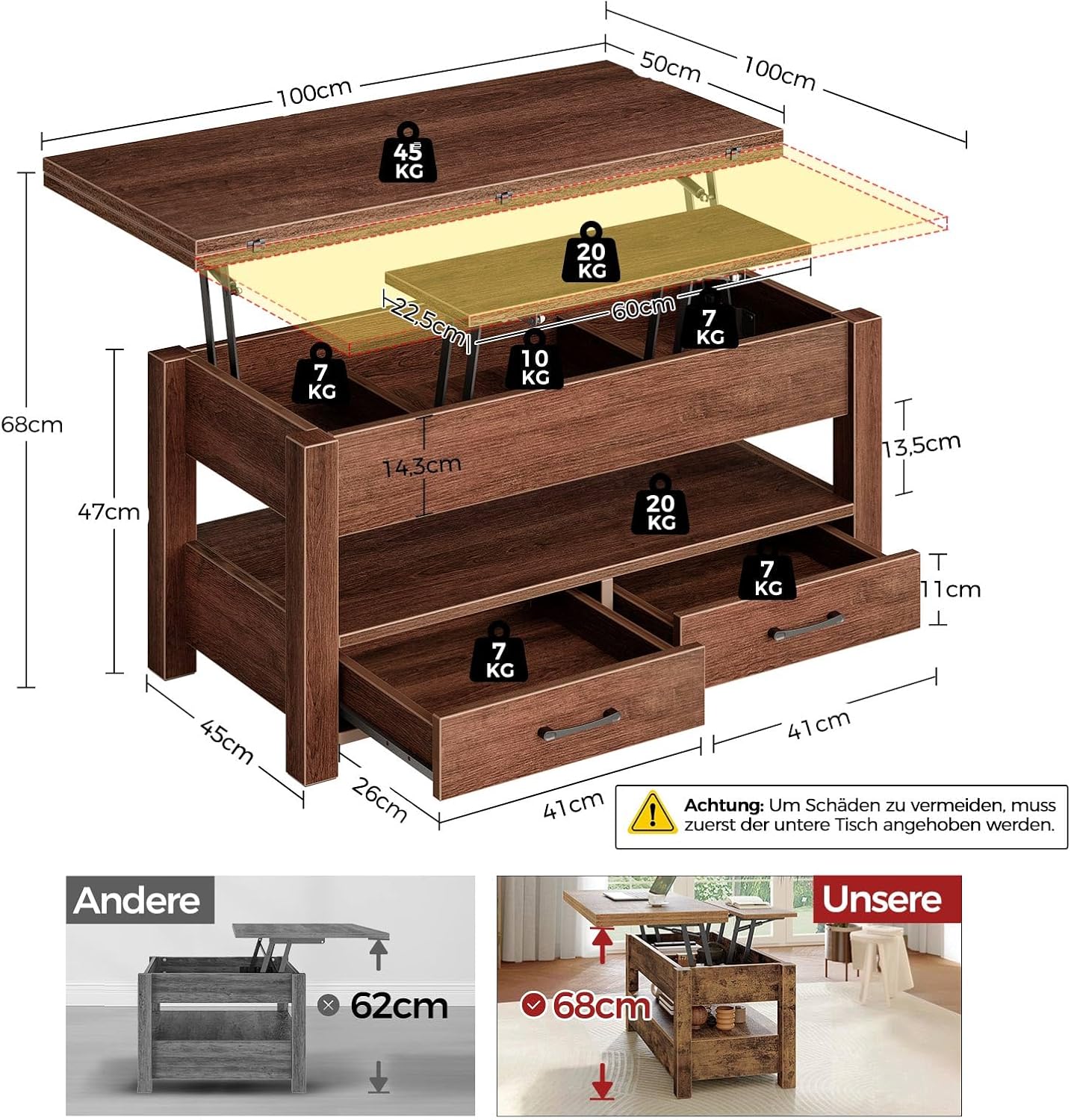 Rolanstar Höhenverstellbarer Couchtisch mit 2 Schubladen, 100 x 50 cm Wohnzimmertisch aus Holz,Platzsparend & Einfach Montiert für Schlafzimmer, braun