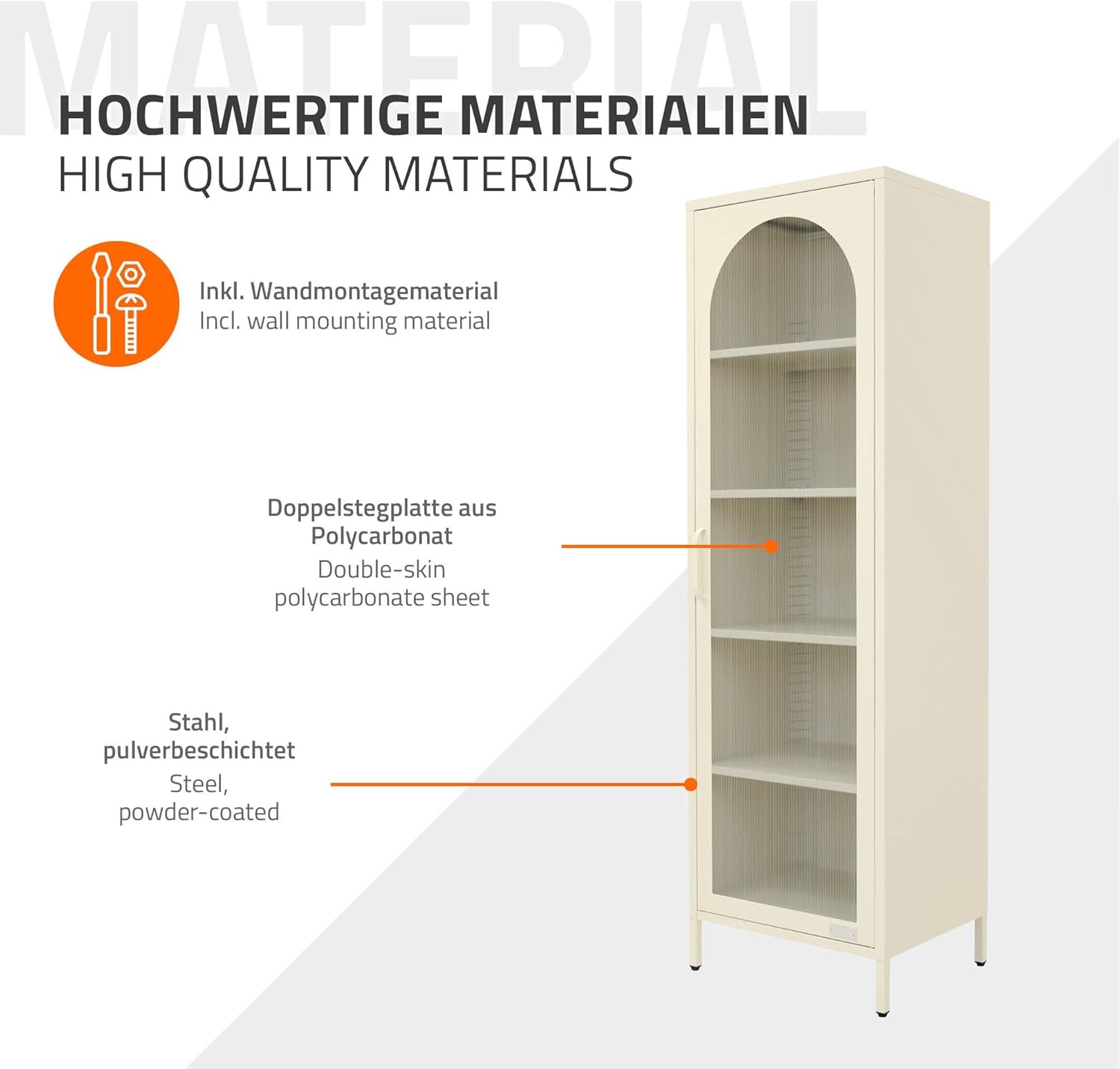ML-Design Vitrinenschrank 45x145x35 cm, Creme, Schmale Vitrine mit 5 Ablagen und 1 Tür, Metallschrank aus Stahl, Küchenschrank Aktenschrank Büroschrank, Hochschrank für Esszimmer, Wohnzimmer, Büro