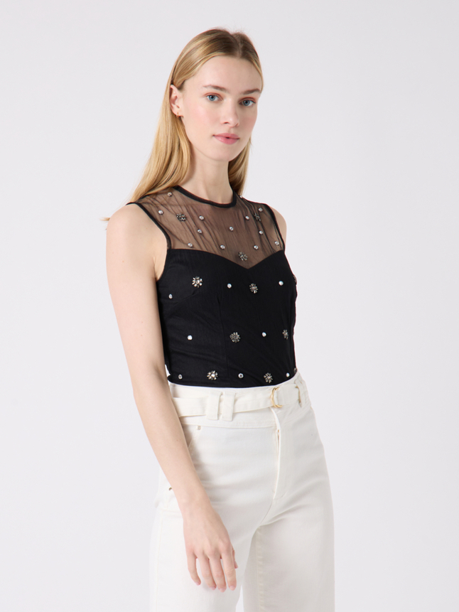 Top sans manches perles fleurs