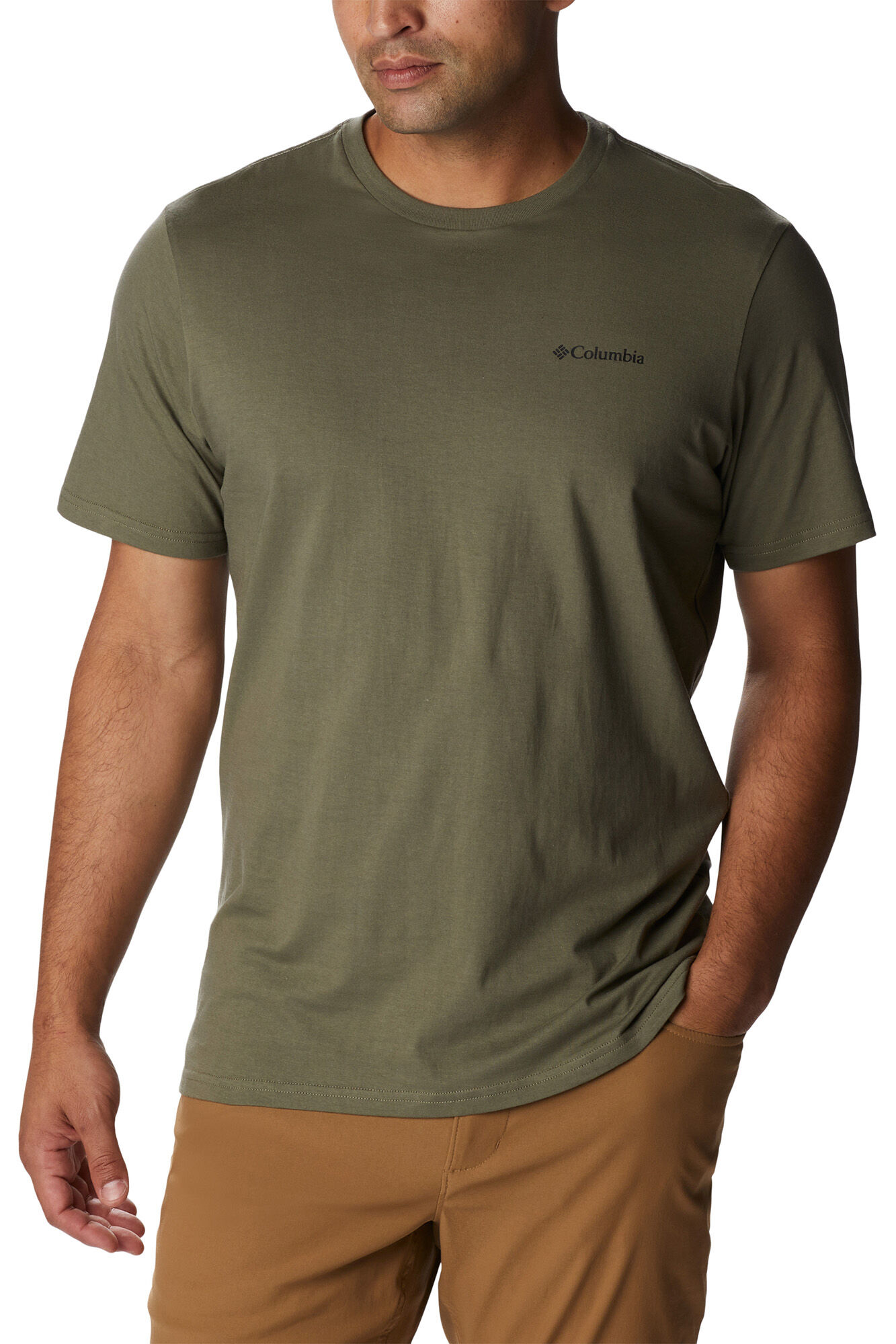 Camiseta masculina Columbia Rockaway River™ de manga curta com estampa nas costas - Cáqui claro