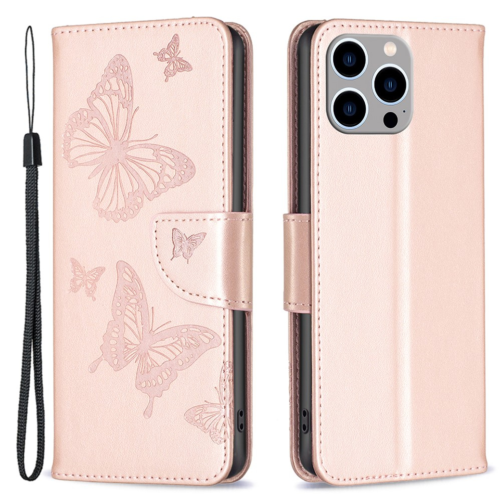 iPhone 15 Pro Max Leder Tasche mit Kartenfach   Handschlaufe Schmetterling - Roségold