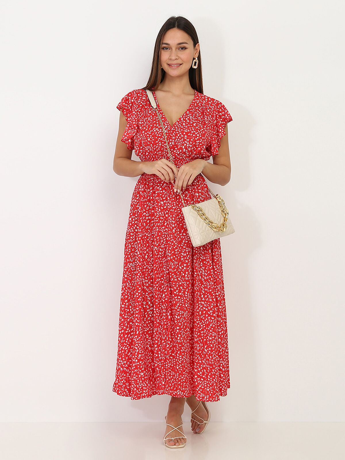 Robe longue fleurie à volants- Rouge