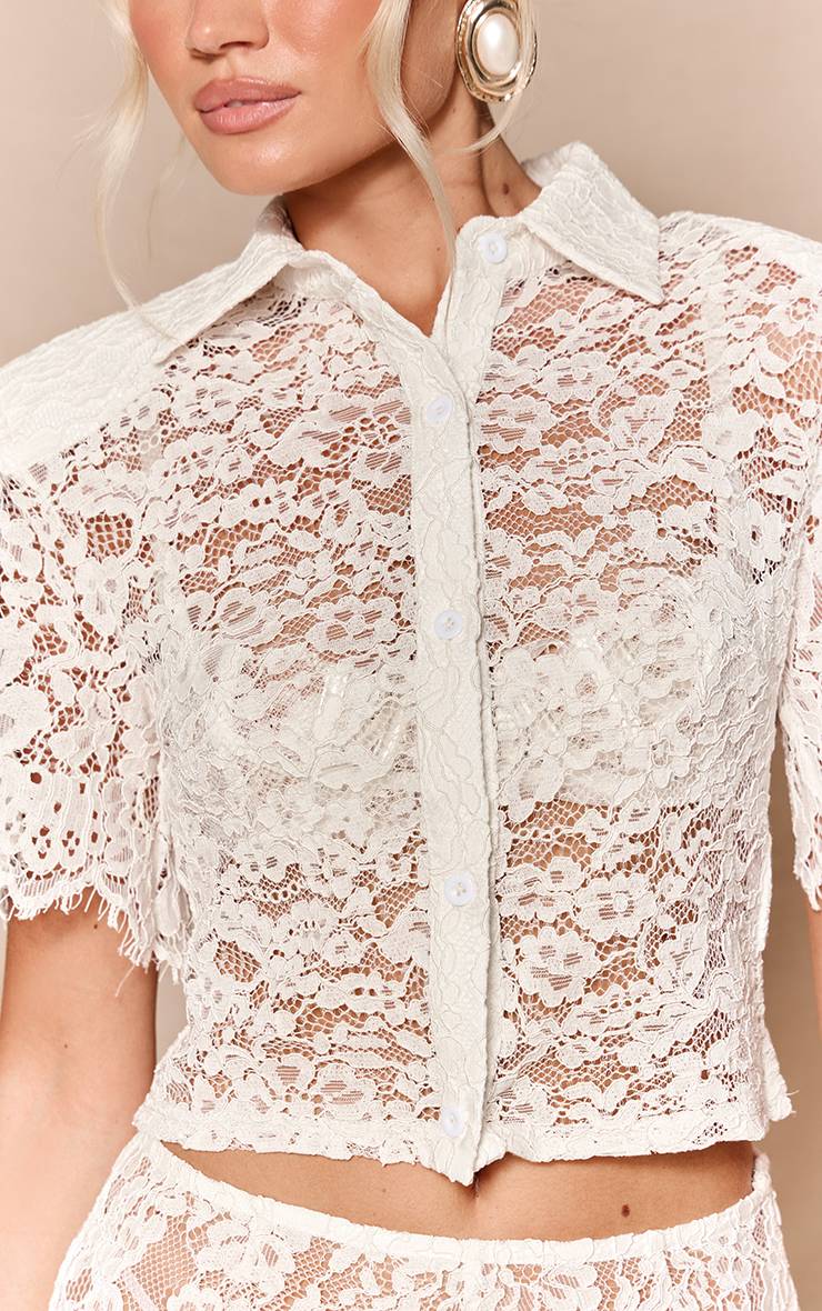 Blanc Chemise En Dentelle Transparente À Épaulettes