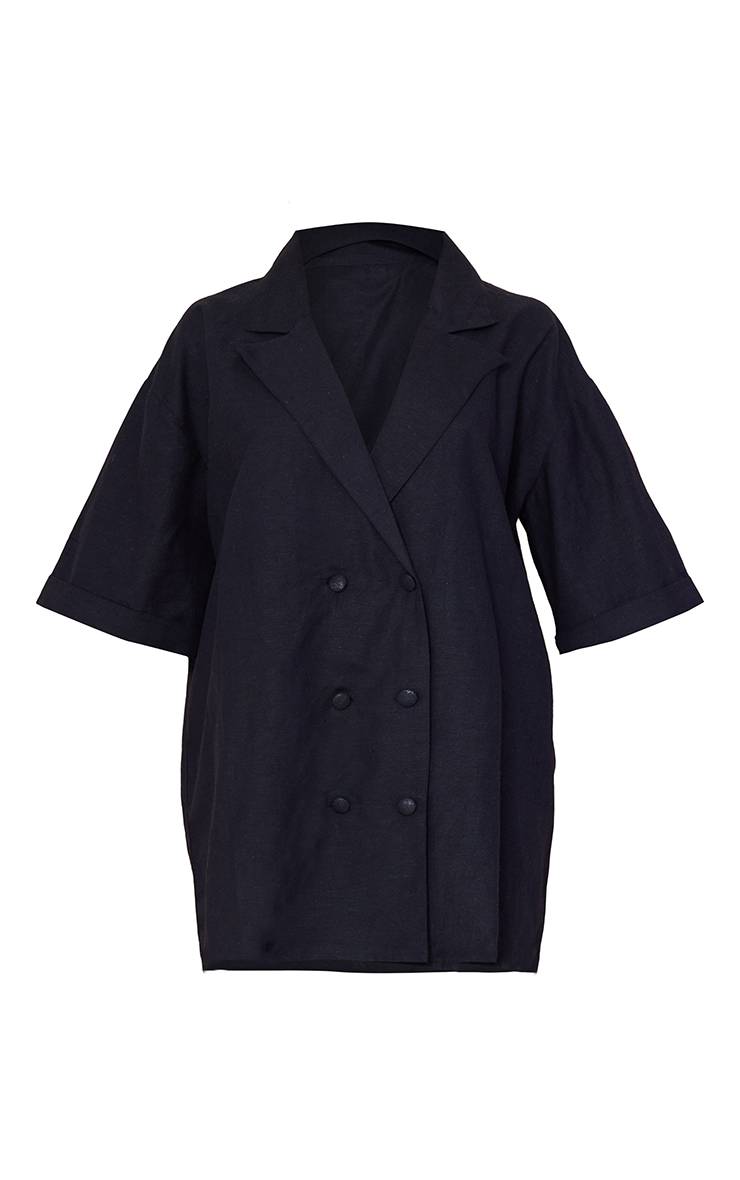Noir Robe Blazer À Manches Courtes Croisée Surdimensionnée Aspect Lin