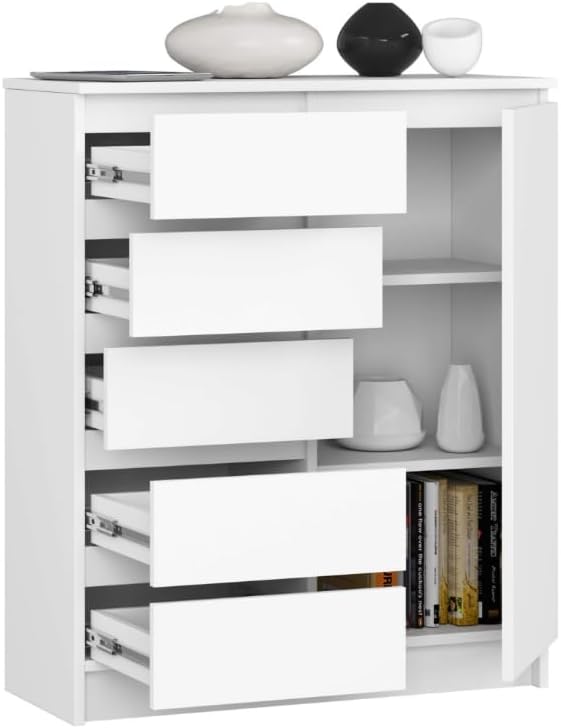 BDW - Kommode mit 5 Schubladen und 1 Tür - 80 cm breit, 97 cm hoch - Schrank, Sideboard, Mehrzweck-, Schuhschrank, Schubladenkommode, Aktenschrank - Wohn-, Schlafzimmer, Flur (Weiss)
