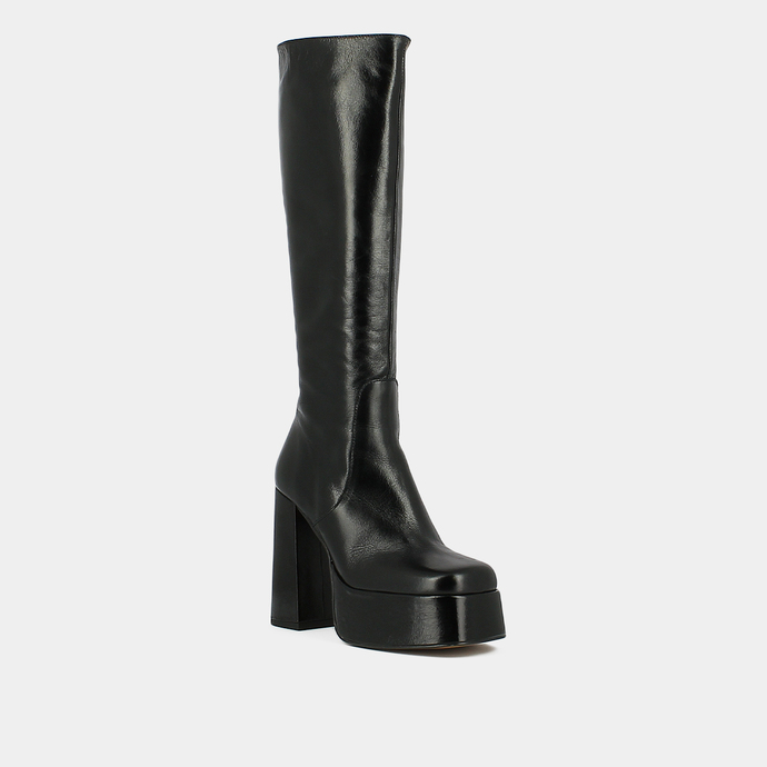 Bottes à plateformes et bouts ronds  en cuir vernis noir