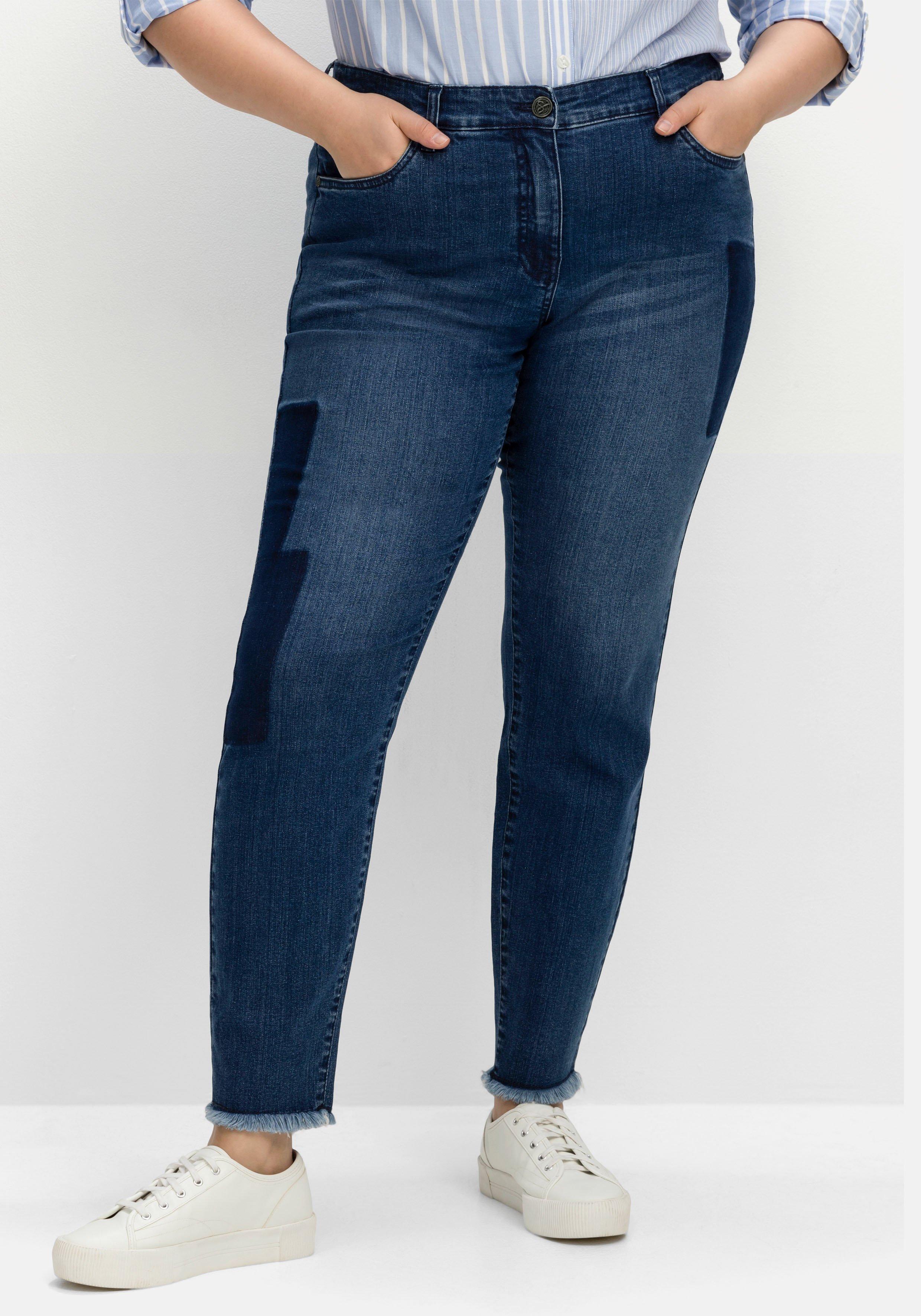 Skinny Jeans in Patch-Optik, mit offenem Saum