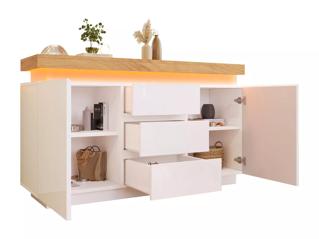 Commode avec LED - 3 tiroirs et 2 portes avec étagères réglables - Blanc