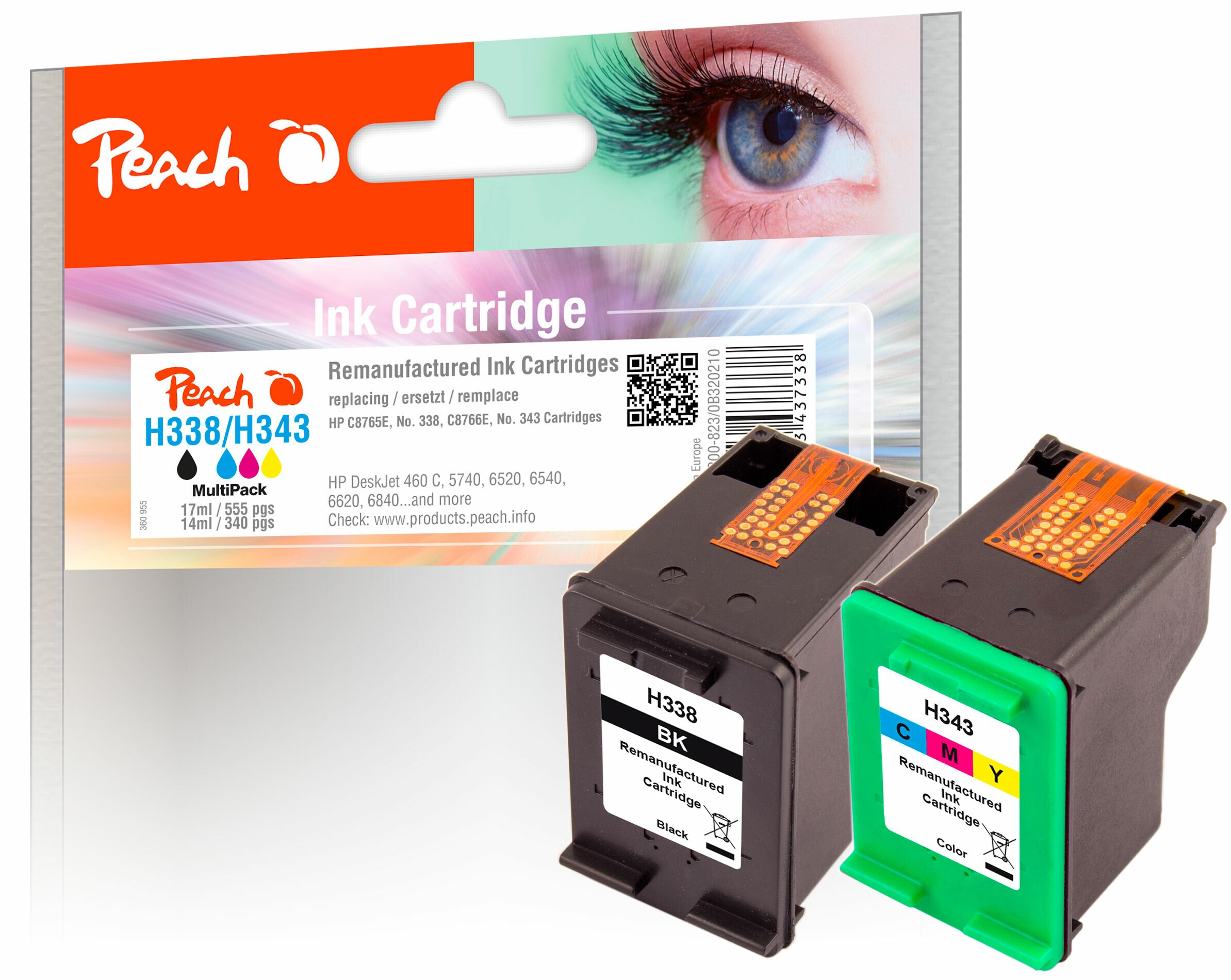 Peach HP 3382 Druckköpfe (bk, col) ersetzt HP No. 338, No. 343, C8765E, C8766E für z.B. HP DeskJet 460, HP DeskJet 460 C, HP DeskJet 460 CB (wiederaufbereitet)